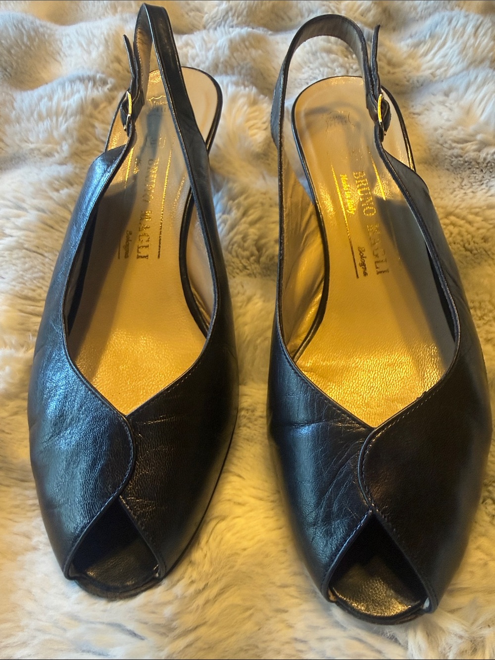 Bruno Magli Black Leather Peep-Toe Slingback Mules